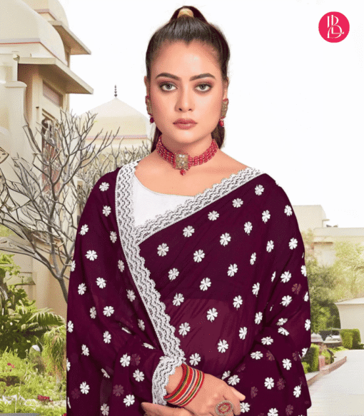 এক্সক্লুসিভ ইন্ডিয়ান জর্জেট এমব্রয়ডারি করা পার্টি শাড়ি - Image 2
