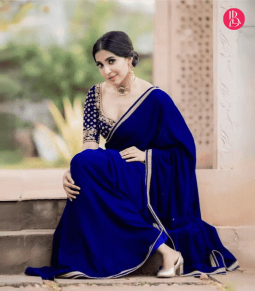 ট্রেডিশনাল লেইস ওয়ার্ক জর্জেট পার্টি শাড়ি - Image 4