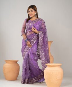 Imported Soft Organza Purple Party Saree With Gorgeous Blouse Piece
