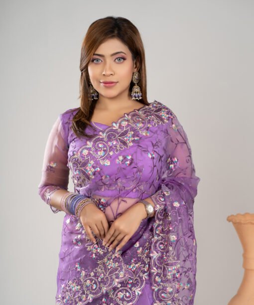 Imported Soft Organza Purple Party Saree With Gorgeous Blouse Piece - Image 2