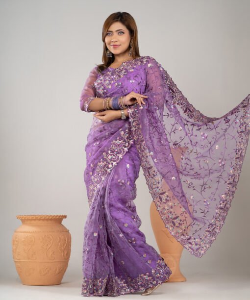 Imported Soft Organza Purple Party Saree With Gorgeous Blouse Piece - Image 3