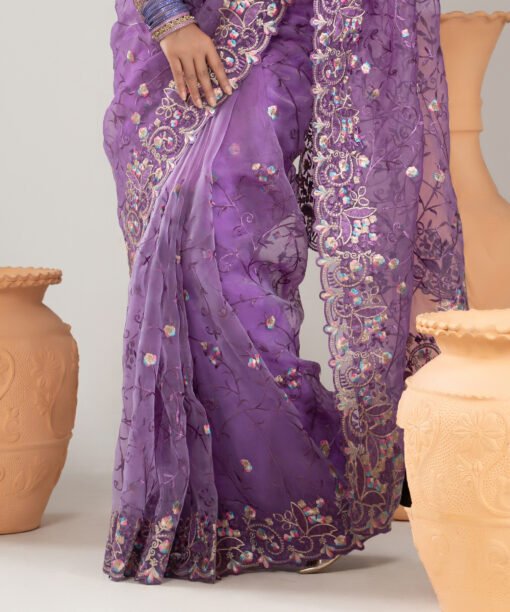 Imported Soft Organza Purple Party Saree With Gorgeous Blouse Piece - Image 4