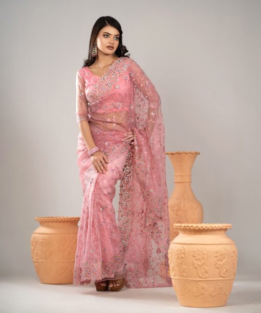Imported Soft Organza Pink Party Saree With Gorgeous Blouse Piece