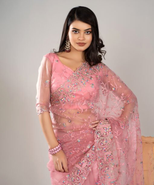 Imported Soft Organza Pink Party Saree With Gorgeous Blouse Piece - Image 2