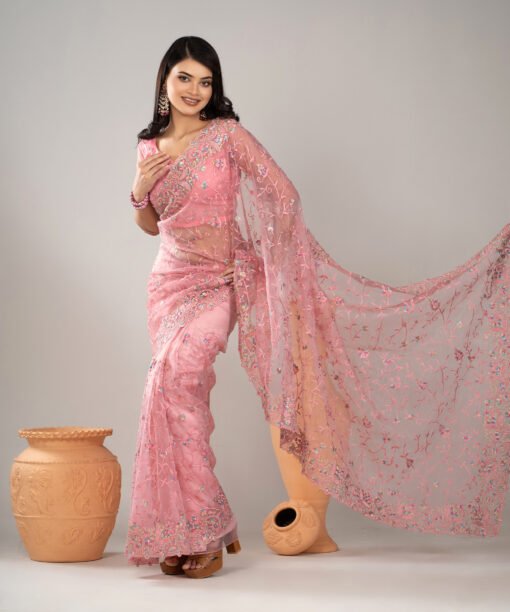 Imported Soft Organza Pink Party Saree With Gorgeous Blouse Piece - Image 3