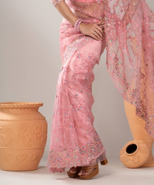 Imported Soft Organza Pink Party Saree With Gorgeous Blouse Piece - Image 4