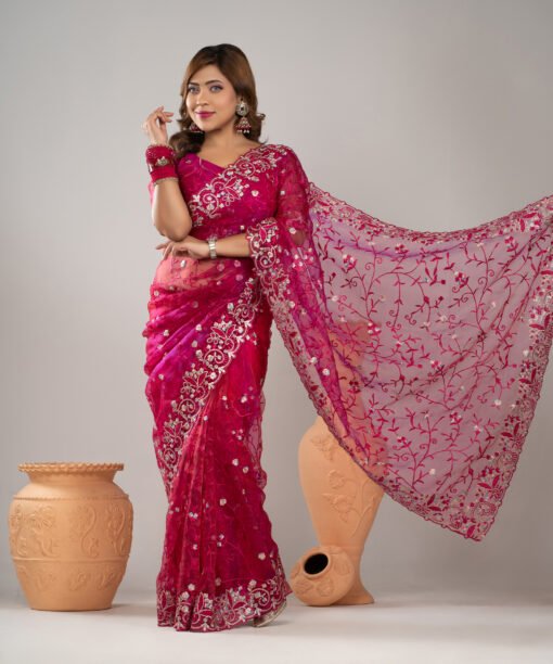Imported Soft Organza Rani Pink Party Saree With Gorgeous Blouse Piece - Image 2