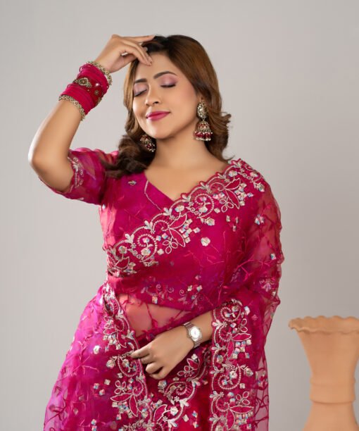 Imported Soft Organza Rani Pink Party Saree With Gorgeous Blouse Piece - Image 3