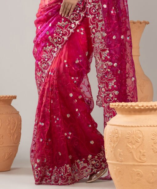 Imported Soft Organza Rani Pink Party Saree With Gorgeous Blouse Piece - Image 4
