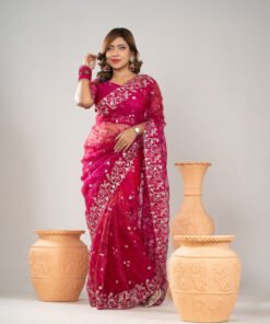 Imported Soft Organza Rani Pink Party Saree With Gorgeous Blouse Piece