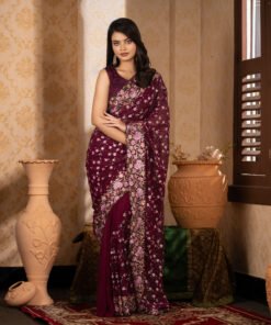 Imported Soft Georgette Gorgeous Deep Purple Party Saree With Blouse Piece