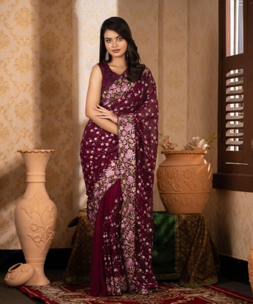 Imported Soft Georgette Gorgeous Deep Purple Party Saree With Blouse Piece
