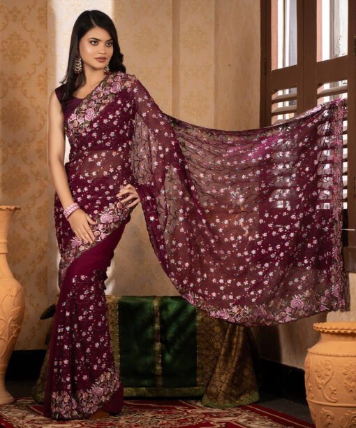 Imported Soft Georgette Gorgeous Deep Purple Party Saree With Blouse Piece - Image 2