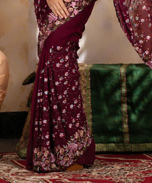 Imported Soft Georgette Gorgeous Deep Purple Party Saree With Blouse Piece - Image 3