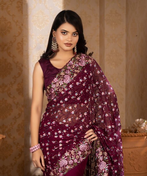 Imported Soft Georgette Gorgeous Deep Purple Party Saree With Blouse Piece - Image 4