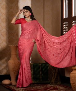 Imported Soft Weightless Chinigura Silk Fabric Pink Embroidery Party Saree With Blouse Piece