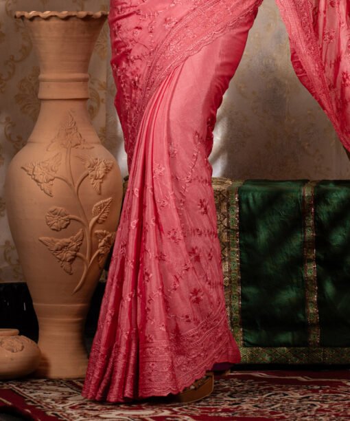Imported Soft Weightless Chinigura Silk Fabric Pink Embroidery Party Saree With Blouse Piece - Image 2