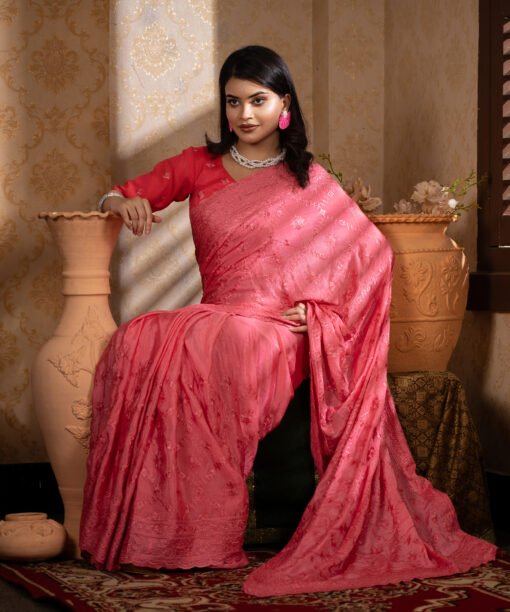 Imported Soft Weightless Chinigura Silk Fabric Pink Embroidery Party Saree With Blouse Piece - Image 3