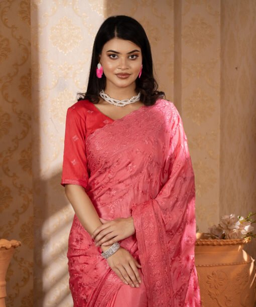Imported Soft Weightless Chinigura Silk Fabric Pink Embroidery Party Saree With Blouse Piece - Image 4