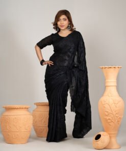 Imported Soft Weightless Chinigura Silk Fabric Black Embroidery Party Saree With Blouse Piece