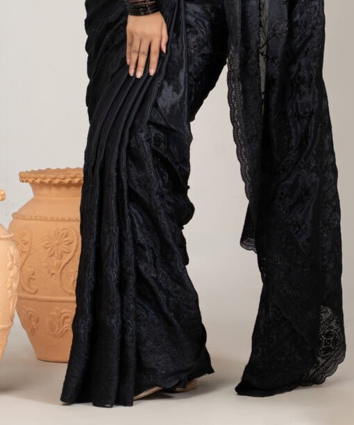 Imported Soft Weightless Chinigura Silk Fabric Black Embroidery Party Saree With Blouse Piece - Image 3