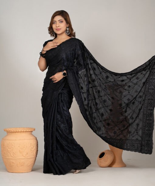 Imported Soft Weightless Chinigura Silk Fabric Black Embroidery Party Saree With Blouse Piece - Image 2