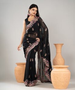 Imported Soft Weightless Georgette Fabric Black Embroidery Party Saree With Blouse Piece