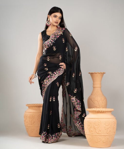Imported Soft Weightless Georgette Fabric Black Embroidery Party Saree With Blouse Piece