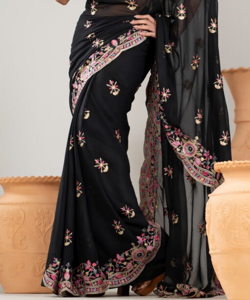 Imported Soft Weightless Georgette Fabric Black Embroidery Party Saree With Blouse Piece - Image 3