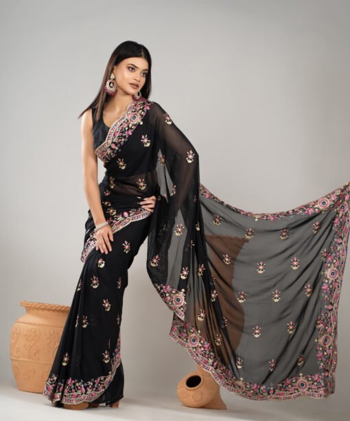 Imported Soft Weightless Georgette Fabric Black Embroidery Party Saree With Blouse Piece - Image 2