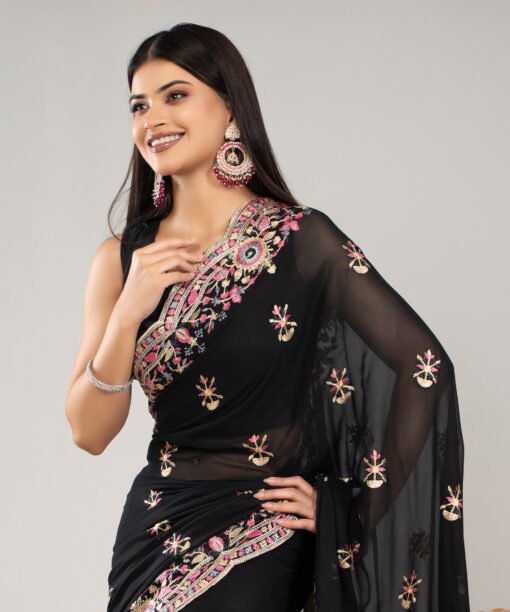 Imported Soft Weightless Georgette Fabric Black Embroidery Party Saree With Blouse Piece - Image 4