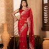 Imported Soft Weightless Georgette Fabric Red Embroidery Party Saree With Blouse Piece