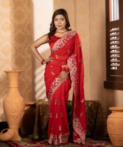 Imported Soft Weightless Georgette Fabric Red Embroidery Party Saree With Blouse Piece