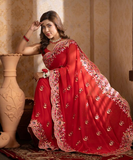 Imported Soft Weightless Georgette Fabric Red Embroidery Party Saree With Blouse Piece - Image 2