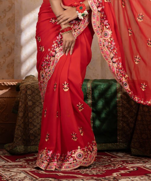 Imported Soft Weightless Georgette Fabric Red Embroidery Party Saree With Blouse Piece - Image 4