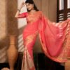 Imported Soft Weightless Georgette Fabric Coral Pink Embroidery Party Saree With Blouse Piece