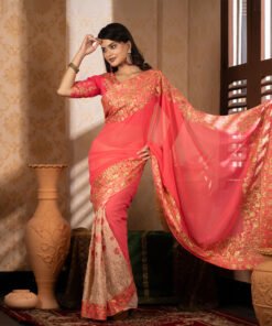 Imported Soft Weightless Georgette Fabric Coral Pink Embroidery Party Saree With Blouse Piece