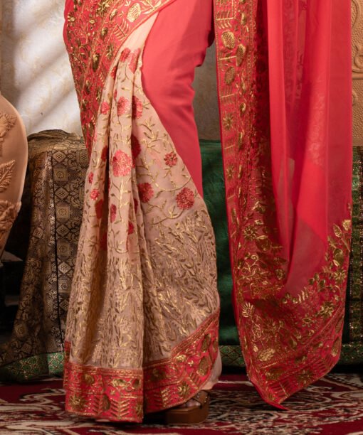 Imported Soft Weightless Georgette Fabric Coral Pink Embroidery Party Saree With Blouse Piece - Image 3
