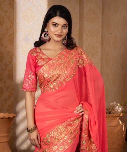 Imported Soft Weightless Georgette Fabric Coral Pink Embroidery Party Saree With Blouse Piece - Image 4