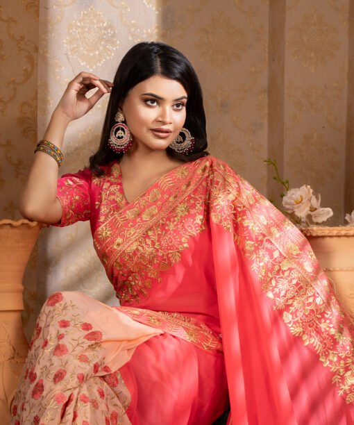 Imported Soft Weightless Georgette Fabric Coral Pink Embroidery Party Saree With Blouse Piece - Image 2
