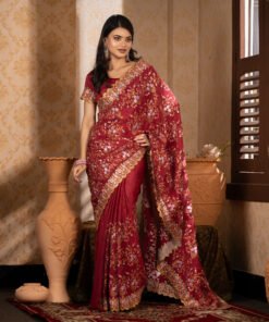 Imported Soft Weightless Chinigura Silk Fabric Maroon Embroidery Party Saree With Blouse Piece