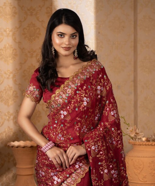 Imported Soft Weightless Chinigura Silk Fabric Maroon Embroidery Party Saree With Blouse Piece - Image 3