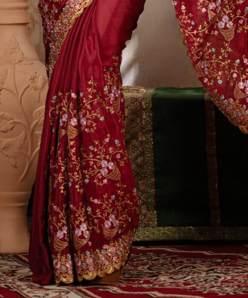 Imported Soft Weightless Chinigura Silk Fabric Maroon Embroidery Party Saree With Blouse Piece - Image 4