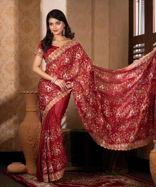 Imported Soft Weightless Chinigura Silk Fabric Maroon Embroidery Party Saree With Blouse Piece - Image 2