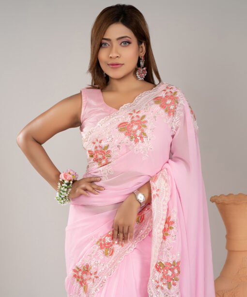 Imported Weightless Soft Georgette Gorgeous Pink Party Saree With Blouse Piece - Image 3