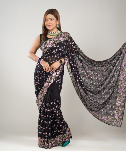 Imported Soft Georgette Gorgeous Black Party Saree With Blouse Piece - Image 2