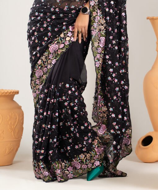 Imported Soft Georgette Gorgeous Black Party Saree With Blouse Piece - Image 3